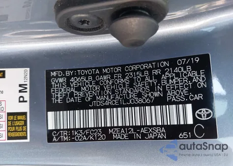 2020 Toyota Corolla Se from USA, damaged, VIN JTDS4RCE1LJ038067